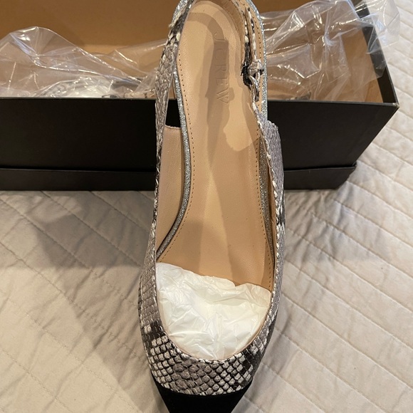 New w/ Box - J. Crew Snakeskin Cap Toe Slingback Flats with Gold Glitter Heel - Picture 2 of 5
